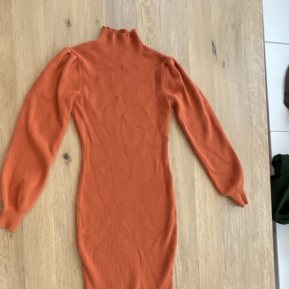 Orange Solid Knit Mock Neck Long Sleeve Puff Sweater Midi Dress Viscose Nylon S